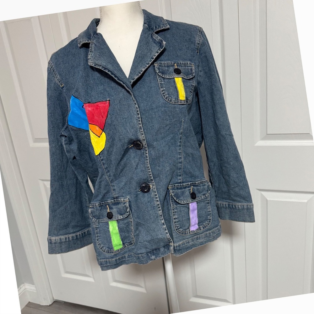 Crazy Horse Liz Claiborne Denim Jacket Painted Mushroom Vintage 90s Stretch M L